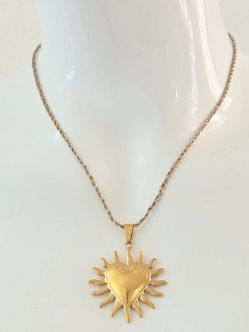 Gold Sunburst Heart Pendant Necklace Two Tone Rope